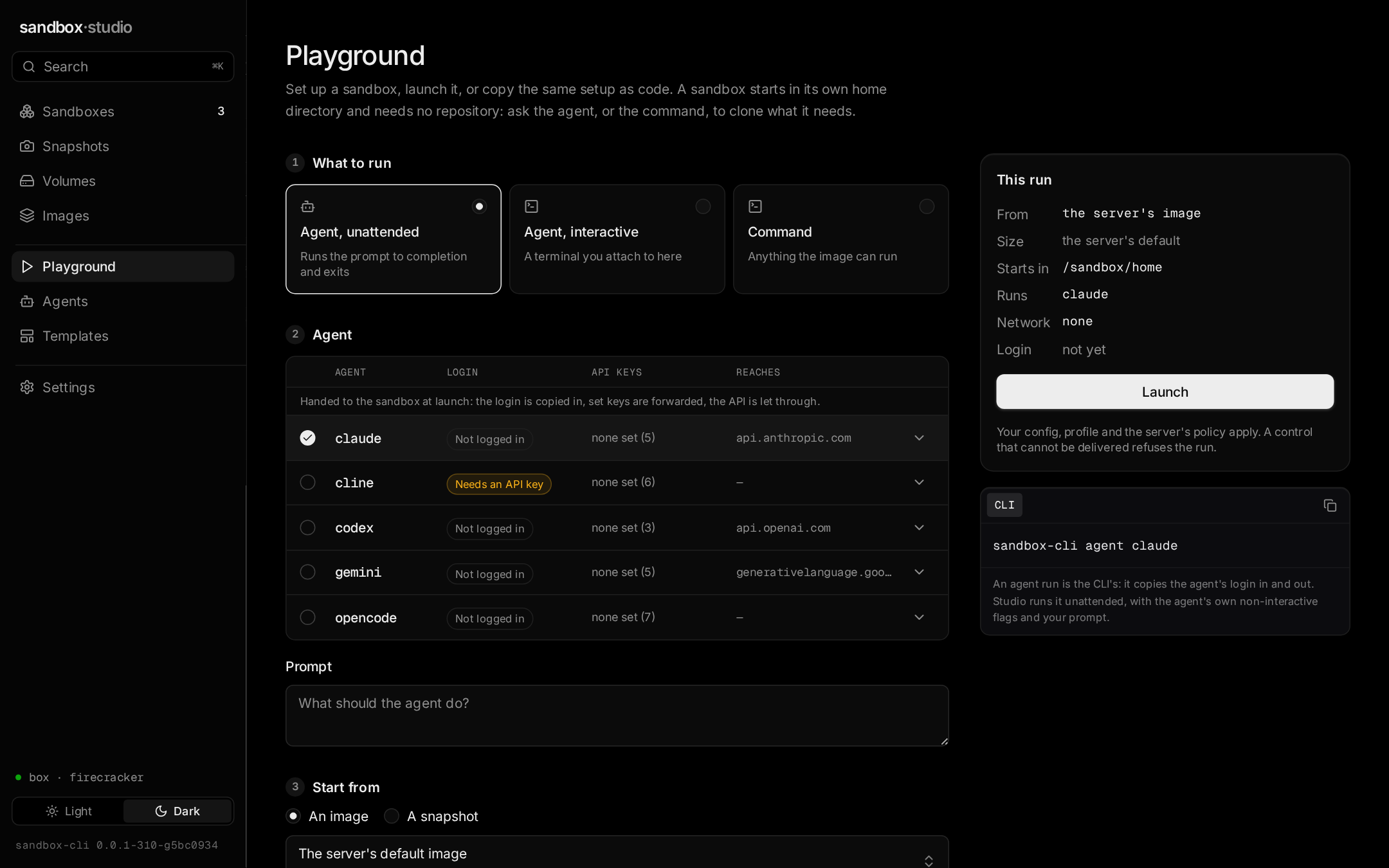 Sandbox Studio, the Playground screen