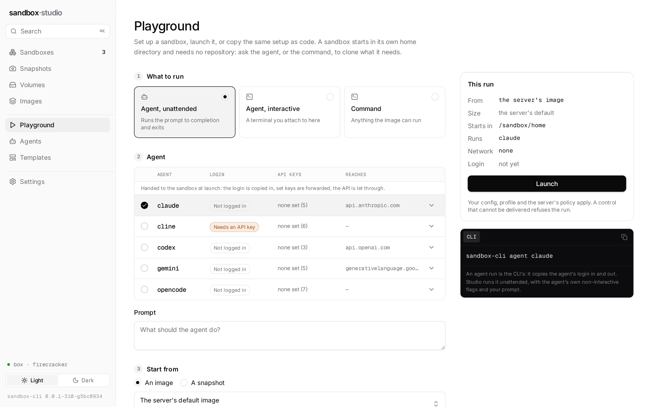 Sandbox Studio, the Playground screen