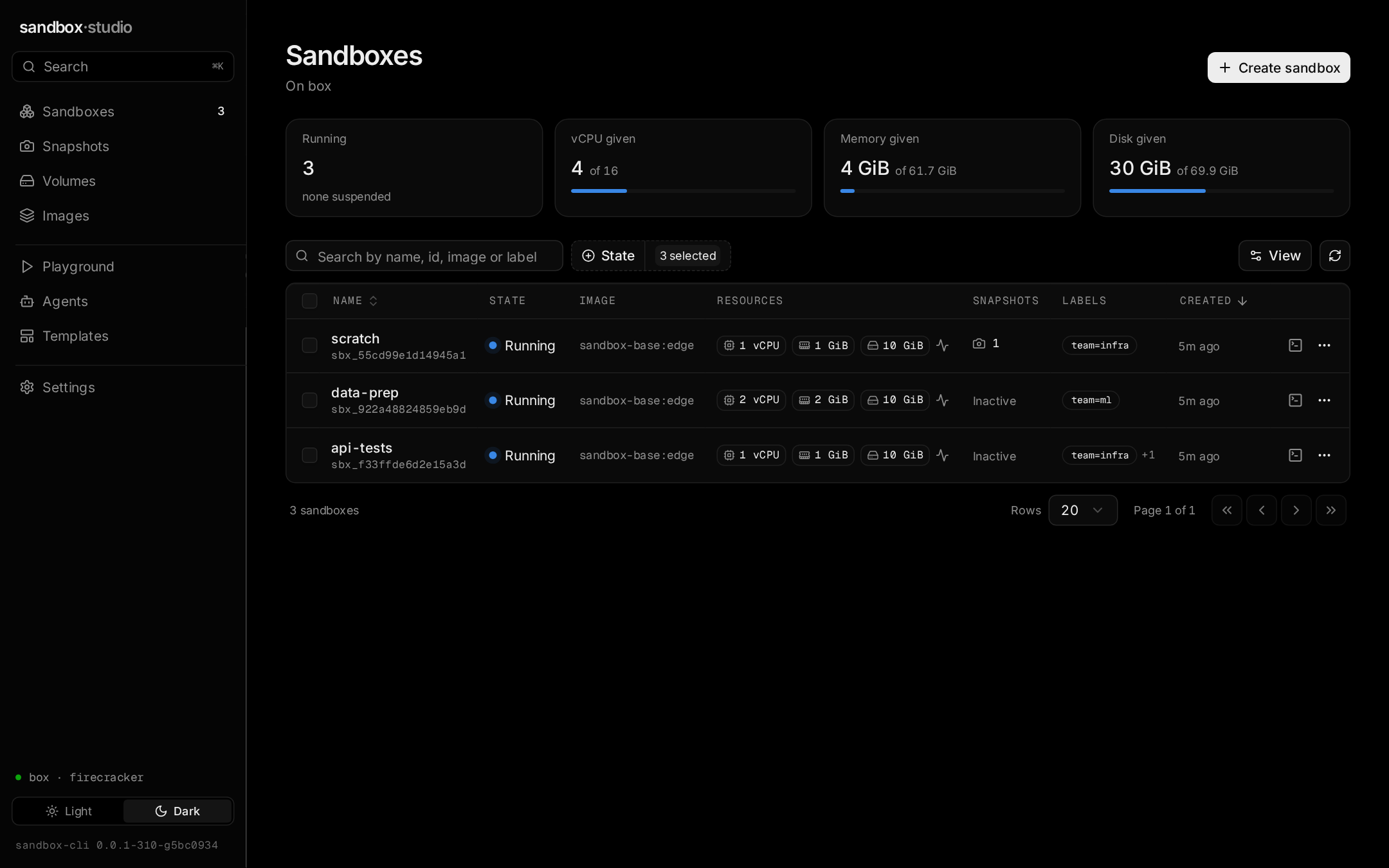 Sandbox Studio, the Sandboxes screen